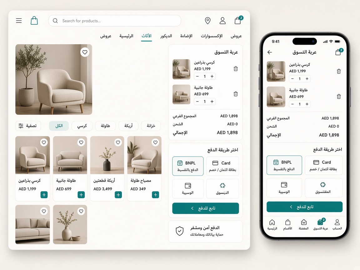 UAE ecommerce checkout with BNPL and local payment options on desktop and mobile.