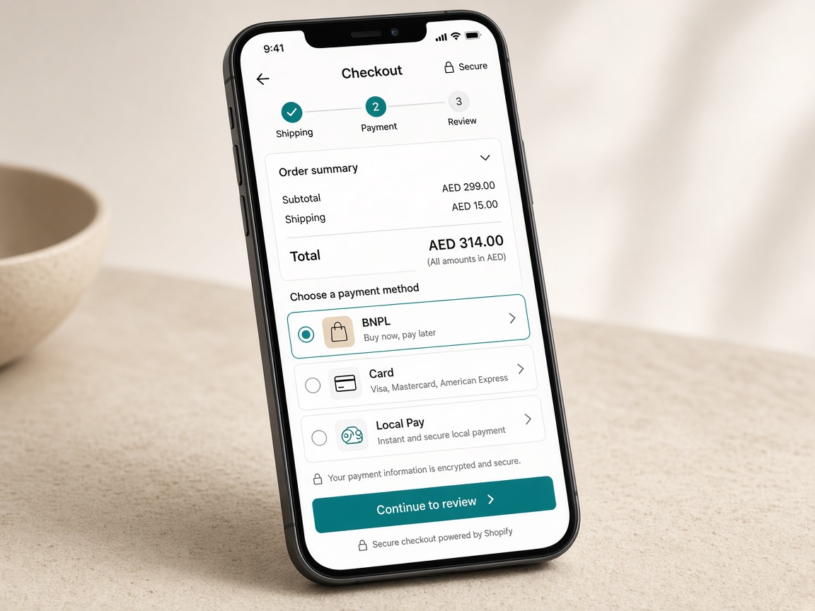 Integrated UAE payment options including BNPL and local card payments on a Shopify checkout page.